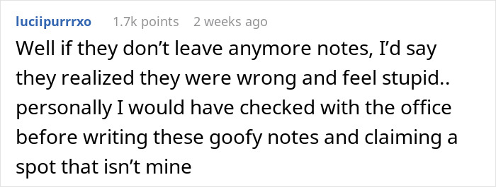 Comment discussing dodgy neighbor's anonymous notes attempting to trick woman into giving up her parking spot. Comment discussing dodgy neighbor's anonymous notes attempting to trick woman into giving up her parking spot.