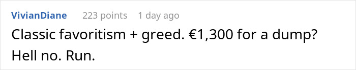 Comment discussing parents forcing pay expensive rent, criticizing favoritism and high rental costs. Comment discussing parents forcing pay expensive rent, criticizing favoritism and high rental costs.