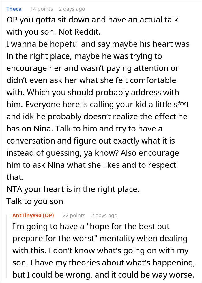 Reddit conversation about 14YO’s reaction to mom suggesting his Black girlfriend dress more comfortably after confiding. Reddit conversation about 14YO’s reaction to mom suggesting his Black girlfriend dress more comfortably after confiding.