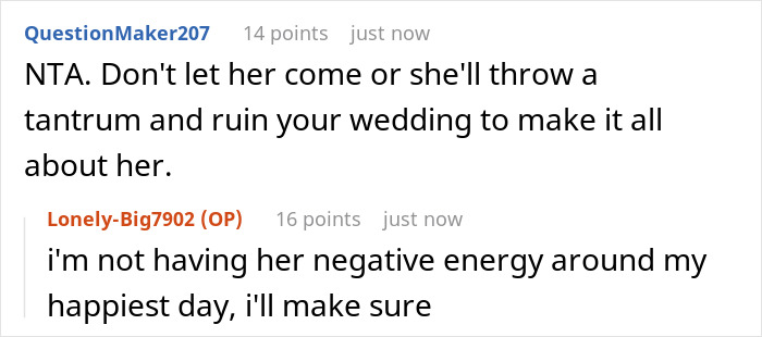 Commenter advises bride not to let mom wear white gown to wedding to avoid negative energy and tantrums. Commenter advises bride not to let mom wear white gown to wedding to avoid negative energy and tantrums.