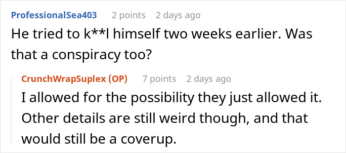 Screenshot of online discussion where a man doubts official story on Epstein’s death from a prison officer’s perspective.
