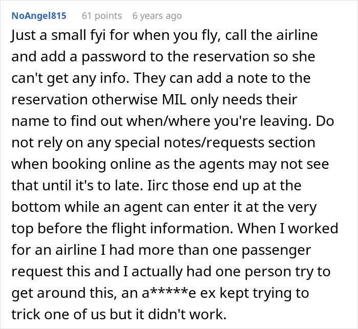 Comment discussing airline tips to add a password for reservation security in a widow and MIL custody dispute. Comment discussing airline tips to add a password for reservation security in a widow and MIL custody dispute.