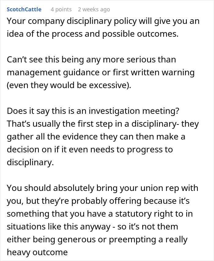 Worker disciplined discussing company disciplinary policy and investigation procedures, advising union representation involvement. Worker disciplined discussing company disciplinary policy and investigation procedures, advising union representation involvement.