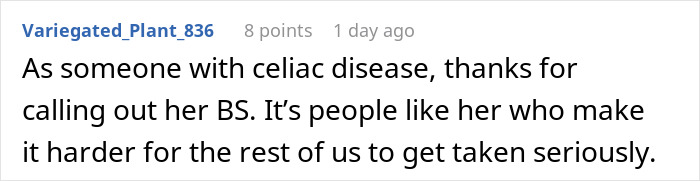 Comment discussing celiac disease in response to a worker calling out gluten-free colleague at a pizza party.