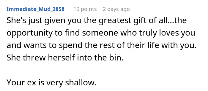 Comment text about a heartbreak proposal where the girlfriend wants a rich husband, not a hardworking partner.