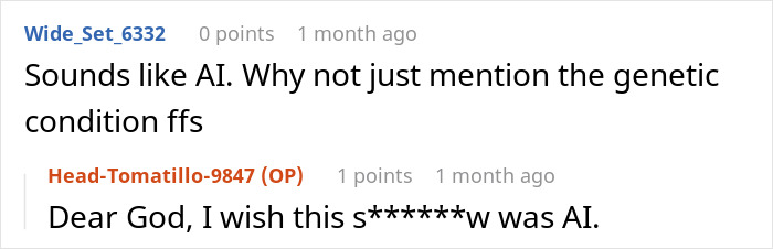 Online conversation about genetic condition and pregnant sister, with users discussing AI and frustrations. Online conversation about genetic condition and pregnant sister, with users discussing AI and frustrations.