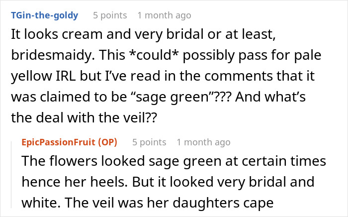 Comments discussing groom's brother's girlfriend wearing a sage green dress that looked like a white wedding dress. Comments discussing groom's brother's girlfriend wearing a sage green dress that looked like a white wedding dress.