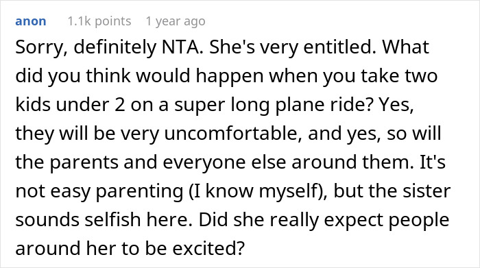 Screenshot of a Reddit comment discussing challenges of parenting on a 9-hour flight with young kids and lack of support. Screenshot of a Reddit comment discussing challenges of parenting on a 9-hour flight with young kids and lack of support.