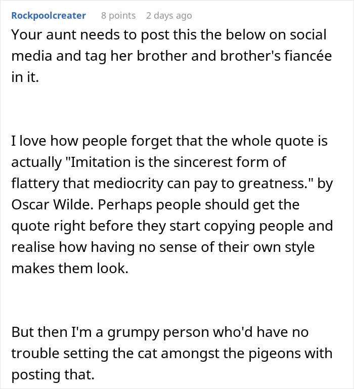 ALT text: Online discussion about woman confronting brother’s fiancée for copying her wedding dress and style issues. ALT text: Online discussion about woman confronting brother’s fiancée for copying her wedding dress and style issues.