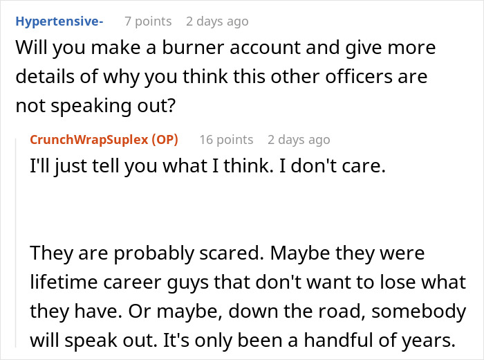 Screenshot of a Reddit conversation discussing why former prison officers may stay silent about Epstein’s death based on experience.