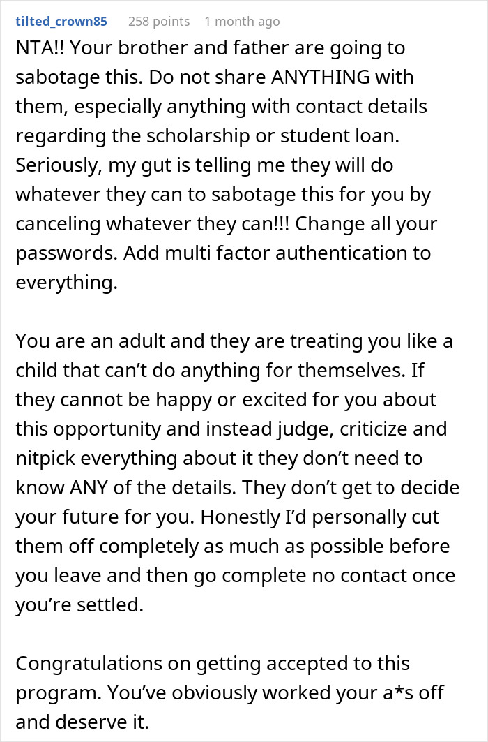 Comment warning about brother and father sabotaging efforts, advising to protect personal info and cut contact to avoid harm.
