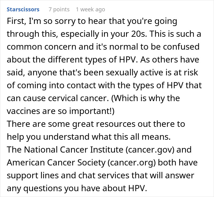 Comment explaining risks of HPV and cervical cancer with links to National Cancer Institute and American Cancer Society resources. Comment explaining risks of HPV and cervical cancer with links to National Cancer Institute and American Cancer Society resources.