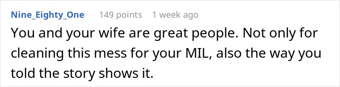 Comment discussing a couple cleaning a smelly sewage mess left by the MIL who skipped the disaster for a salon appointment. Comment discussing a couple cleaning a smelly sewage mess left by the MIL who skipped the disaster for a salon appointment.
