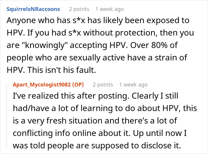 Comments discussing HPV exposure and the emotional impact on a woman dealing with cancer linked to her boyfriend’s past. Comments discussing HPV exposure and the emotional impact on a woman dealing with cancer linked to her boyfriend’s past.