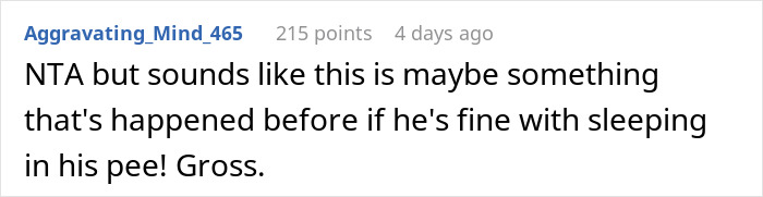 Comment stating someone doesn’t think bedwetting is a big deal, mentioning sleeping in pee as gross.