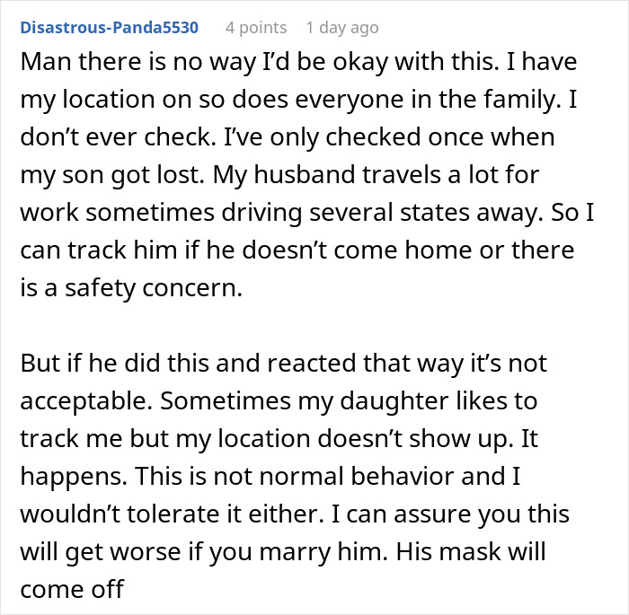 Comment discussing concerns about fiance tracking location and missing calls while woman goes shopping. Comment discussing concerns about fiance tracking location and missing calls while woman goes shopping.