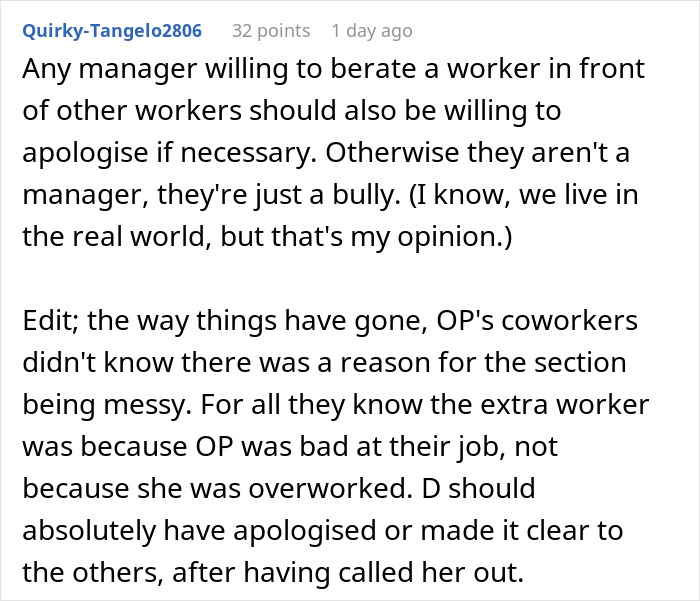 Alt text: Comment discussing a manager calling a woman useless at work and the need for an apology after being schooled. Alt text: Comment discussing a manager calling a woman useless at work and the need for an apology after being schooled.