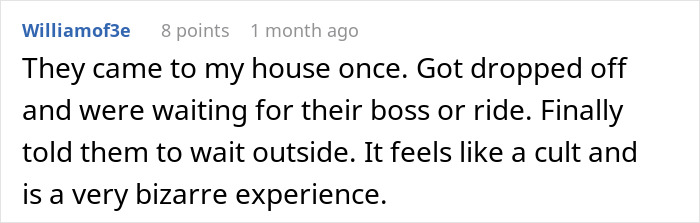 Comment describing grandkid losing patience with pushy vacuum cleaner salespeople waiting outside the house.