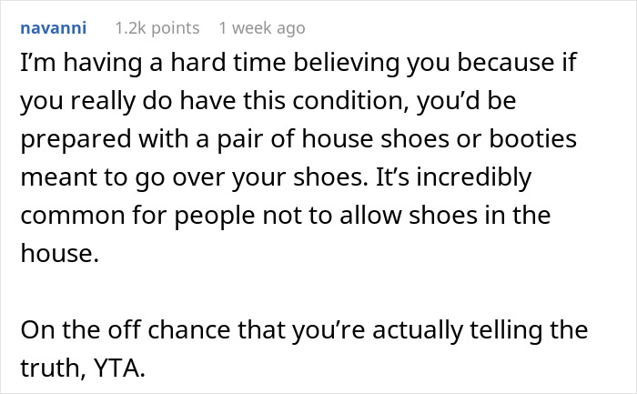 User comment doubting medical condition preventing shoe removal, discussing common house shoe etiquette and conflict with friend’s wife. User comment doubting medical condition preventing shoe removal, discussing common house shoe etiquette and conflict with friend’s wife.