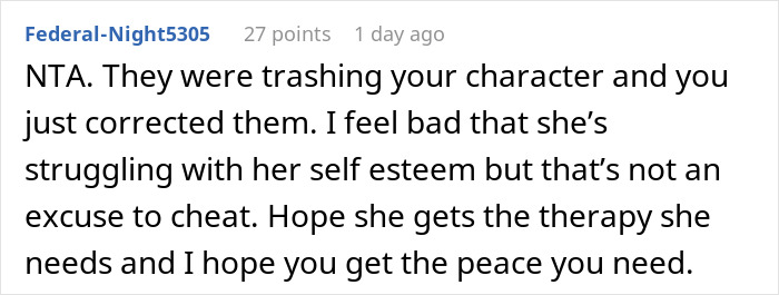 Screenshot of a Reddit comment discussing a man’s in-laws wrongly suspecting divorce due to their daughter’s weight. Screenshot of a Reddit comment discussing a man’s in-laws wrongly suspecting divorce due to their daughter’s weight.