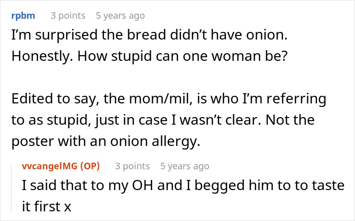 Reddit conversation discussing a mil-try poison woman and confusion over an onion allergy in a food context. Reddit conversation discussing a mil-try poison woman and confusion over an onion allergy in a food context.