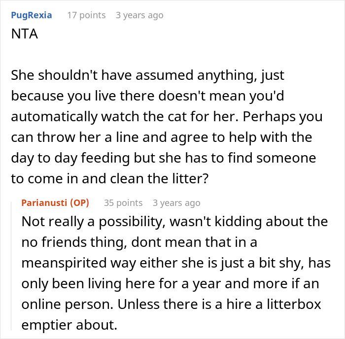Reddit comments discussing a roommate refusing to take on cat litter box duties during a family vacation plan.