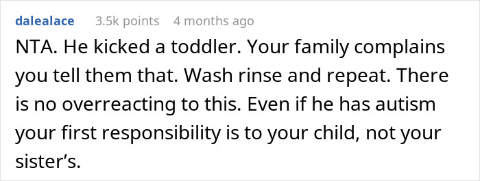 Reddit comment explaining refusal to babysit autistic nephew after he injures daughter and spits on her. Reddit comment explaining refusal to babysit autistic nephew after he injures daughter and spits on her.