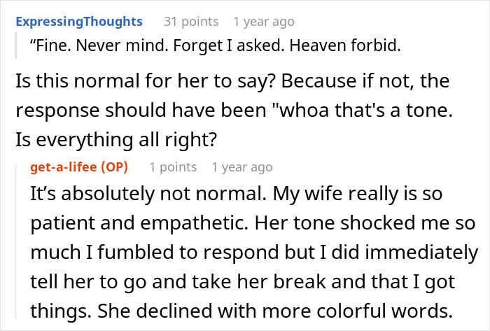 Screenshot of a Reddit comment thread discussing a man telling his wife she couldn’t do it without him.