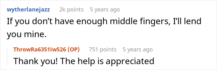 Screenshot of a Reddit conversation with users discussing lending middle fingers and expressing appreciation. Screenshot of a Reddit conversation with users discussing lending middle fingers and expressing appreciation.