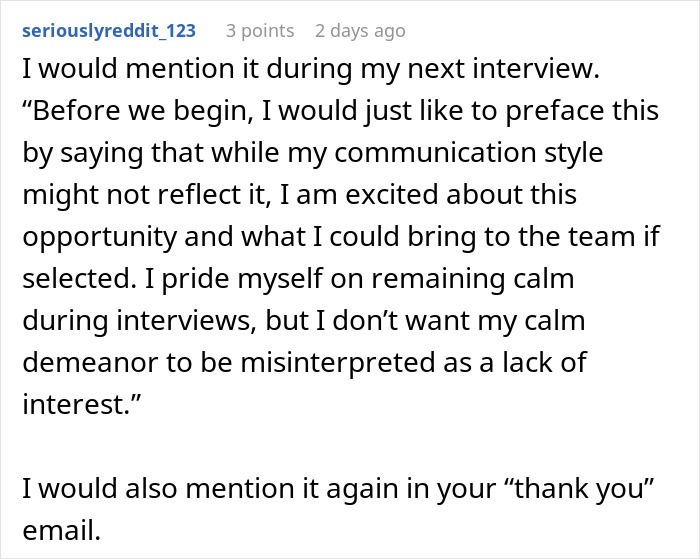 Reddit user shares advice on communication style and excitement for a second interview opportunity in an email reply. Reddit user shares advice on communication style and excitement for a second interview opportunity in an email reply.