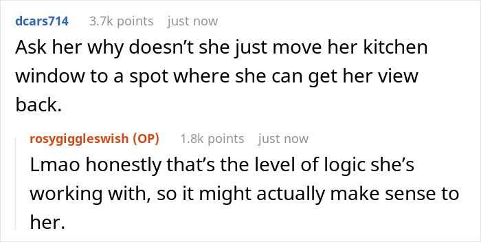 Screenshot of a Reddit conversation about a homeowner laughing at an entitled neighbor’s request to move their fence for her view.