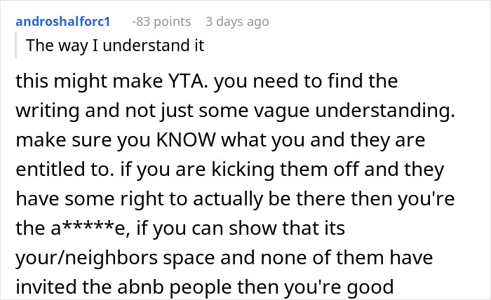 Reddit comment discussing neighbor refusing tourists patio use and Airbnb host accusing discrimination in shared property dispute. Reddit comment discussing neighbor refusing tourists patio use and Airbnb host accusing discrimination in shared property dispute.
