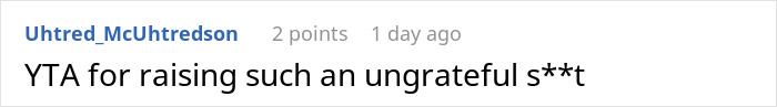 Screenshot of a Reddit comment criticizing someone for raising an ungrateful child after spending money on a failed wedding. Screenshot of a Reddit comment criticizing someone for raising an ungrateful child after spending money on a failed wedding.