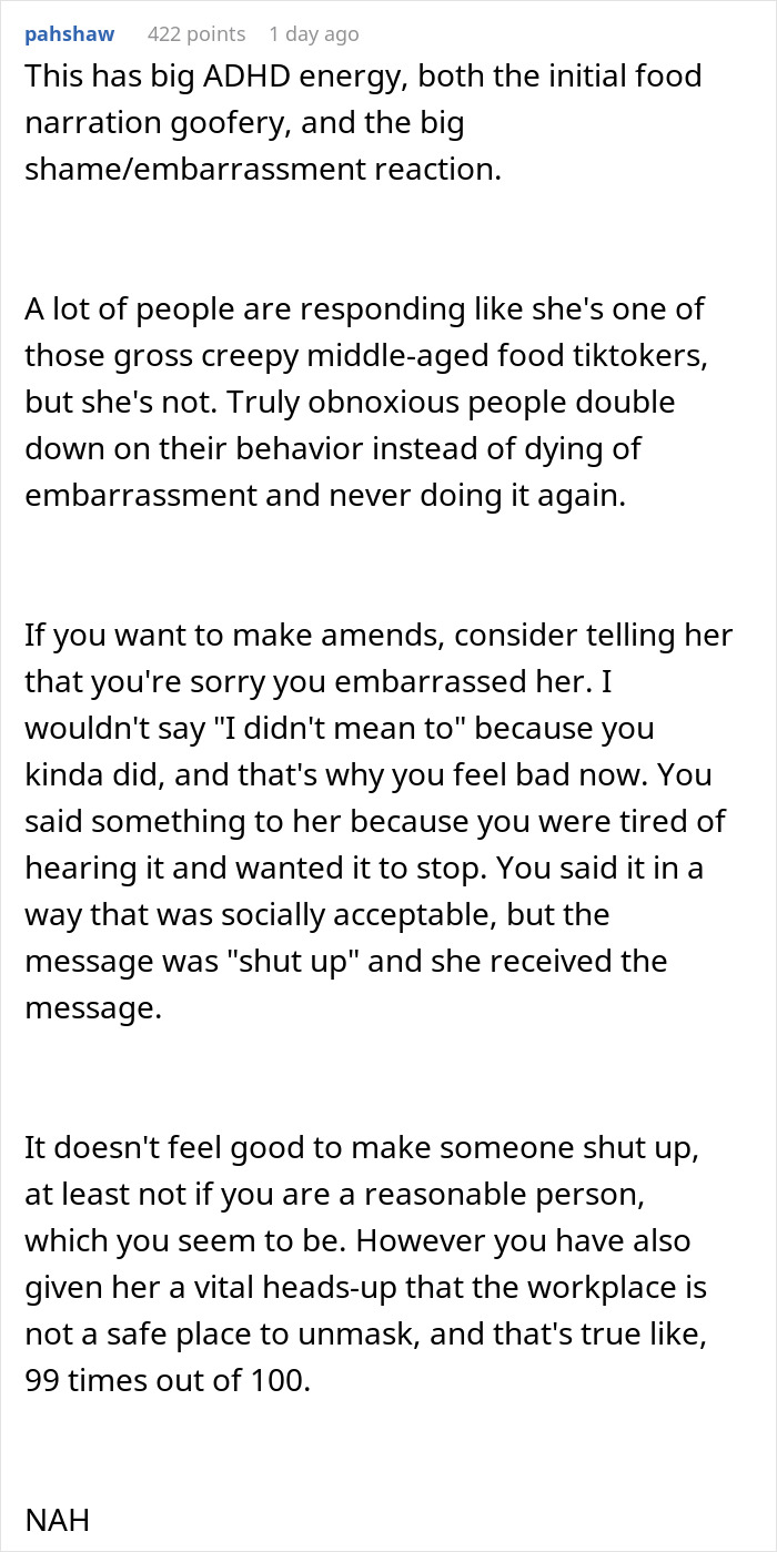Text conversation discussing worker confronting woman about bizarre lunchtime ritual and office criticism consequences.