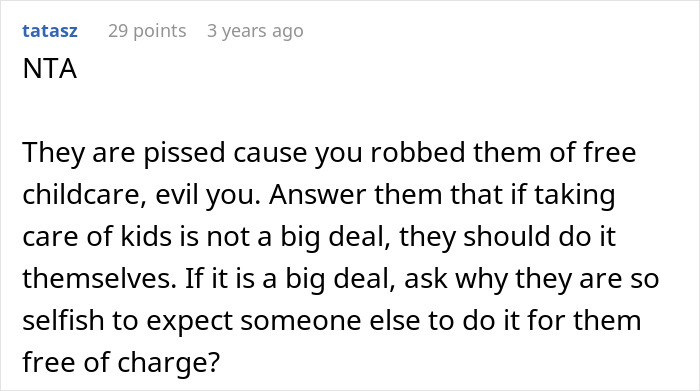 Screenshot of a forum comment discussing a childfree woman avoiding daycare duty on vacation from relatives.