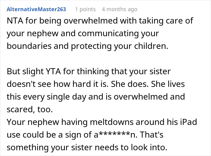 Screenshot of a forum comment discussing challenges of babysitting an autistic nephew and protecting children. Screenshot of a forum comment discussing challenges of babysitting an autistic nephew and protecting children.