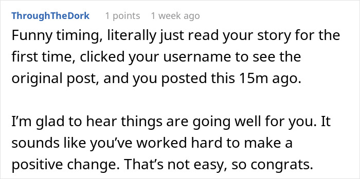 Reddit user responding positively to a story about a man doubting his wife's independence and her proving him wrong.
