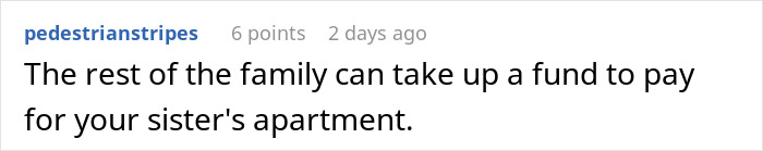 Comment on a social media post about family demanding 33k, suggesting raising funds for sister’s apartment instead. Comment on a social media post about family demanding 33k, suggesting raising funds for sister’s apartment instead.