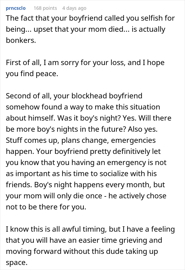 Comment about woman facing double heartbreak after mother’s death reveals boyfriend’s selfish true character and lack of support.