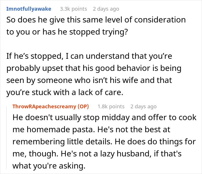 Reddit conversation showing a woman panicking and jealousy over husband remembering friend’s favorite drink. Reddit conversation showing a woman panicking and jealousy over husband remembering friend’s favorite drink.