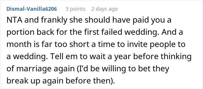 Comment discussing man shelling out $22,500 for daughter's failed wedding and skipping real one to hang out with pals. Comment discussing man shelling out $22,500 for daughter's failed wedding and skipping real one to hang out with pals.