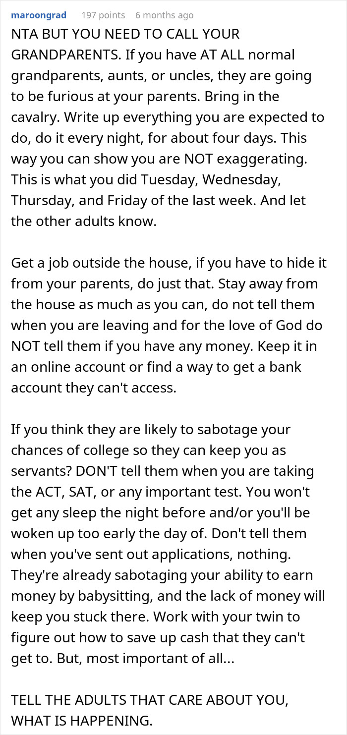 Screenshot of an online comment giving advice to 16YO twins missing out on teen life due to babysitting six kids.