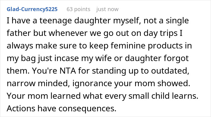 Screenshot of a social media comment discussing a son carrying pads for daughters and facing criticism from a lady.