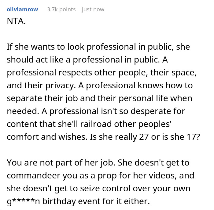 Comment discussing professionalism and respecting privacy when an influencer films SIL at a birthday dinner and is blocked. Comment discussing professionalism and respecting privacy when an influencer films SIL at a birthday dinner and is blocked.