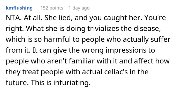 Comment from user kmflushing explaining why calling out a gluten-free colleague at a pizza party is justified and affects celiac awareness.