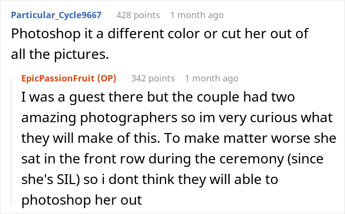 Comments discussing a groom's brother's girlfriend wearing a sage green dress mistaken for a white wedding dress. Comments discussing a groom's brother's girlfriend wearing a sage green dress mistaken for a white wedding dress.
