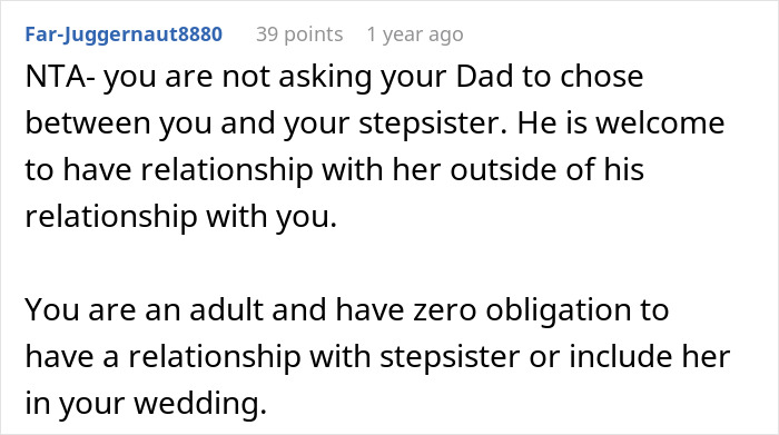 Comment explaining no obligation to maintain relationship with stepsister after old fight, highlighting family ties cut. Comment explaining no obligation to maintain relationship with stepsister after old fight, highlighting family ties cut.