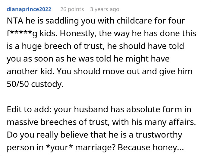 Comment discussing a man promising a quiet life with two kids, then adding a stepdaughter, causing trust issues. Comment discussing a man promising a quiet life with two kids, then adding a stepdaughter, causing trust issues.