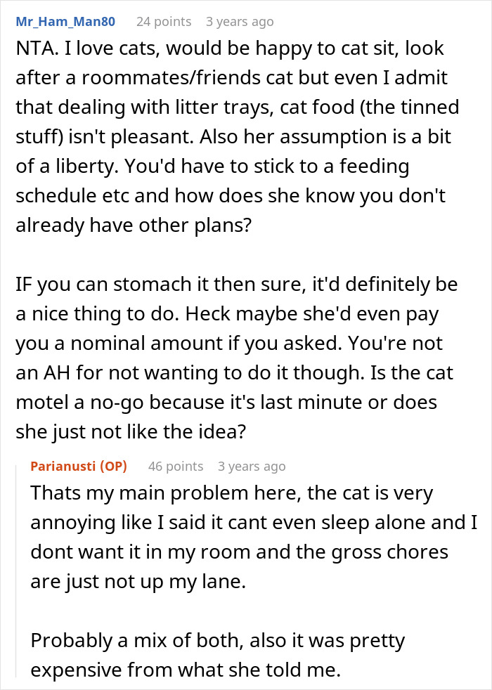 Reddit comments discussing refusing cat duties and issues with being litter box servant while planning family vacation.