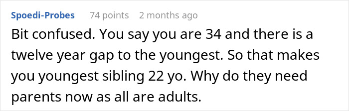 User comment text on a digital forum discussing the relationship siblings sister mom and adult children age gaps. User comment text on a digital forum discussing the relationship siblings sister mom and adult children age gaps.